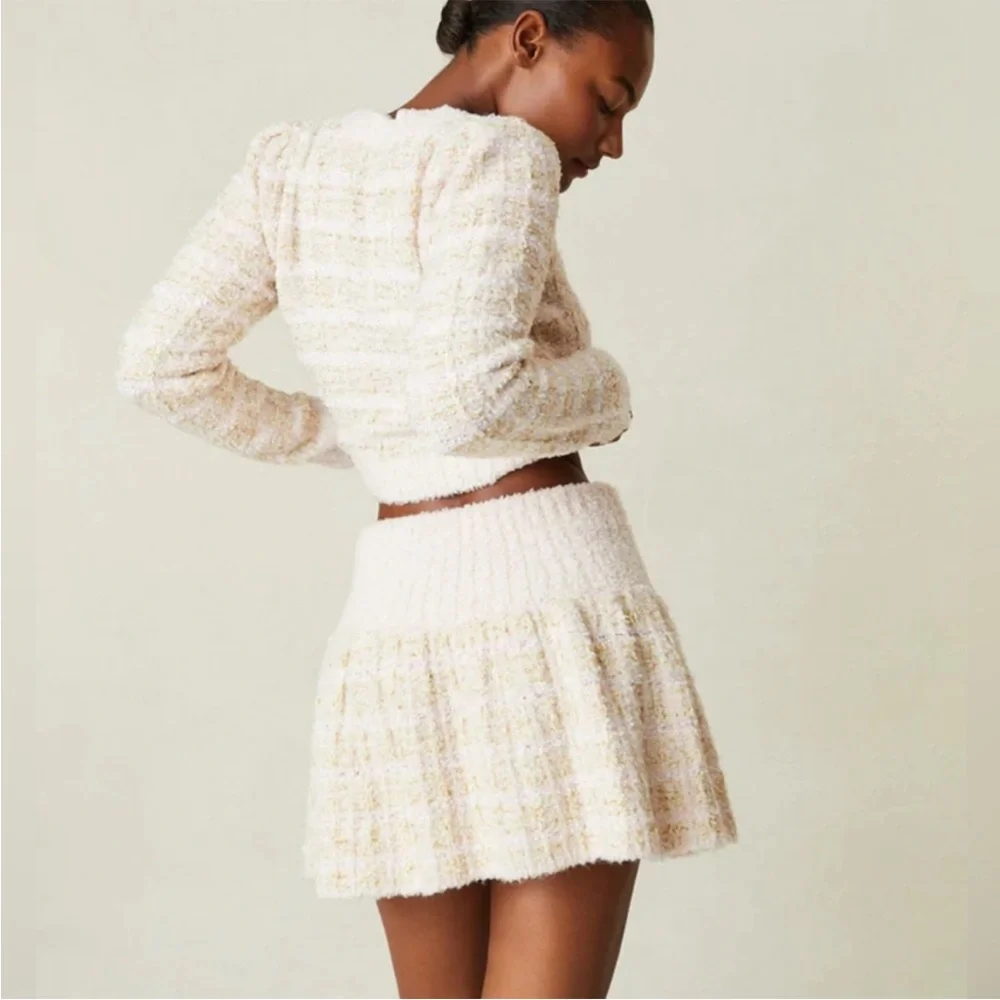LoveShackFancy Set Saxson Cardigan Sweater & Bibi Skirt Plush Pink Cream Small
